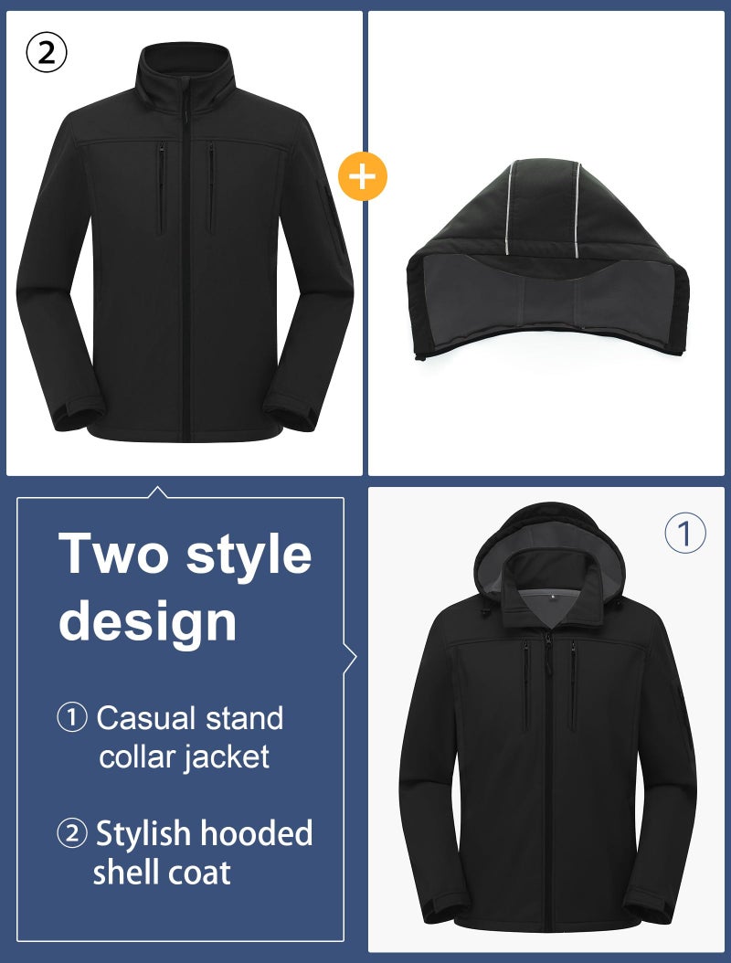 CREATMO US Men's Tactical Jacket Water-Resistant Softshell Hiking Detachable Hoodie Fleece Jacket Black XL - Image 4