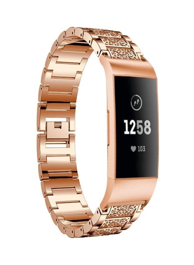 NIBEMINENT Diamond-Studded Solid Stainless Steel Wrist Strap Watch Band for Fitbit Charge 3 Rose Gold  - Image 1