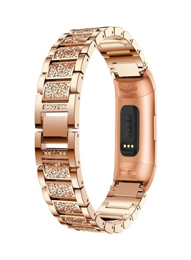 NIBEMINENT Diamond-Studded Solid Stainless Steel Wrist Strap Watch Band for Fitbit Charge 3 Rose Gold  - Image 3