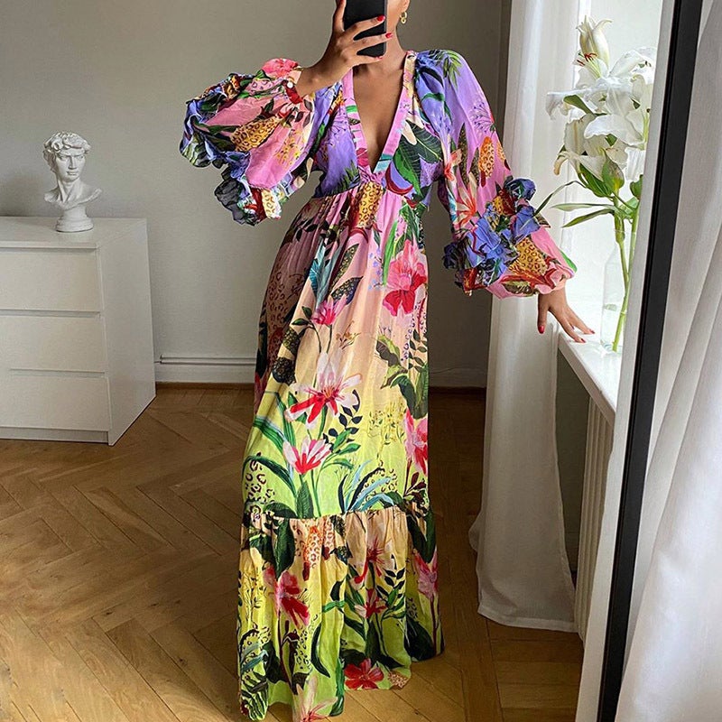 2024 Summer Gradient Print V-Neck Slim Maxi Dress Picture color