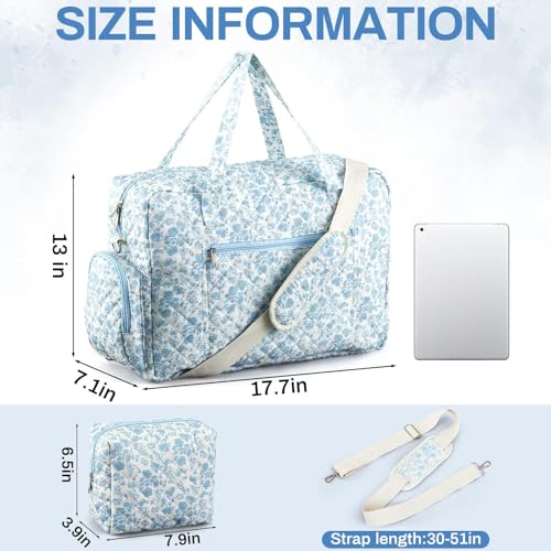 Abbylike 2 Pcs Large Quilted Duffle Bag Blue Floral Coquette Duffle Bag with Makeup Pouch Quilted Weekender Diaper Tote with Shoe Compartment for Women Travel Hospital - Image 3