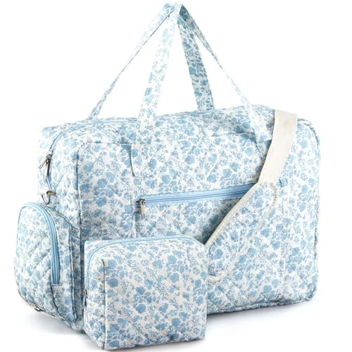 Abbylike 2 Pcs Large Quilted Duffle Bag Blue Floral Coquette Duffle Bag with Makeup Pouch Quilted Weekender Diaper Tote with Shoe Compartment for Women Travel Hospital - Image 1
