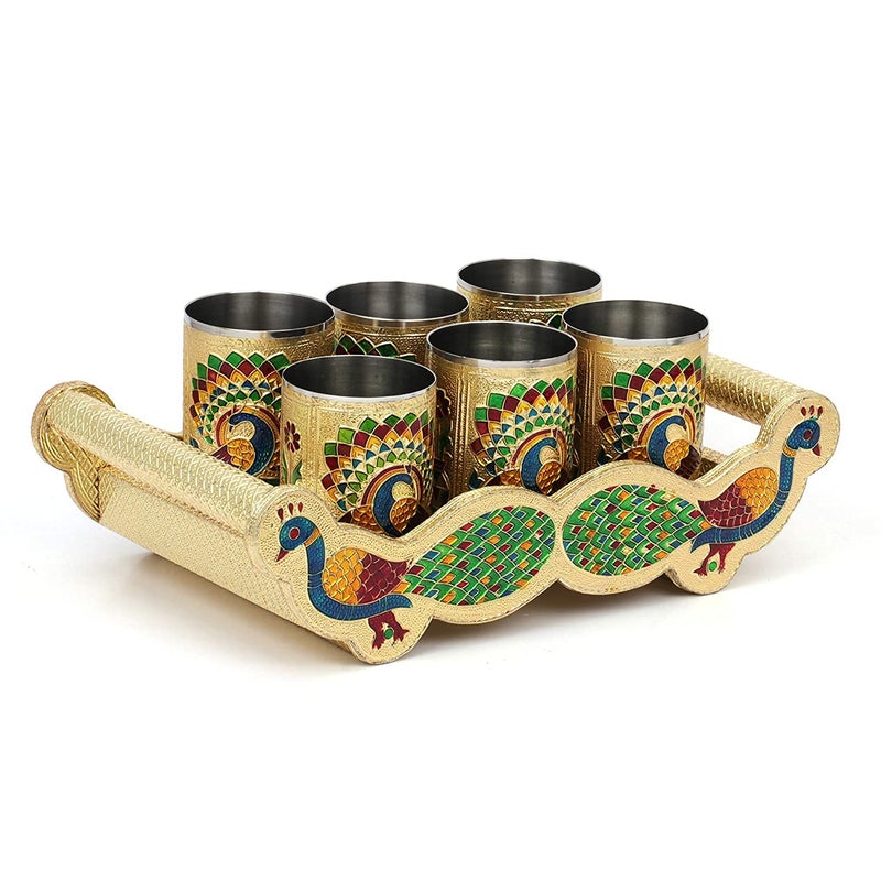 Dhavl Set of 6 Stain Less Steel Handicrafts Glass Indian Hand Made Meenakari Work Peacock Design Golden Color Diwali Christmas Tumbler Gift Set Item Golden Glass with Tray - Image 2