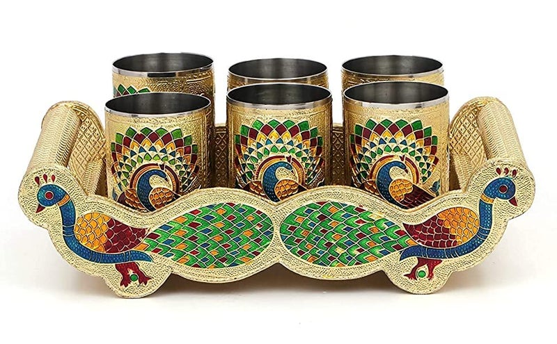 Dhavl Set of 6 Stain Less Steel Handicrafts Glass Indian Hand Made Meenakari Work Peacock Design Golden Color Diwali Christmas Tumbler Gift Set Item Golden Glass with Tray - Image 1