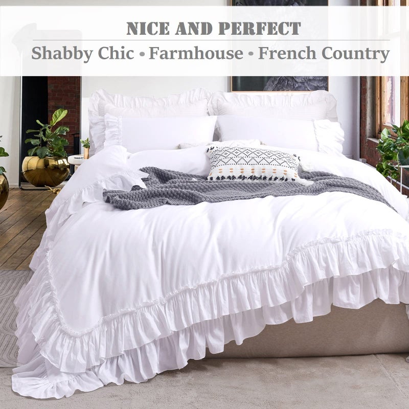 QSH Ruffle White Duvet Cover King Size-Washed Cotton Shabby Farmhouse Chic Ruffled Bedding 3pcs(1 Soft Linen Feel Cotton Duvet Cover +2 Ruffle Pillowshams) Aesthetic French Country King Bedding - Image 2