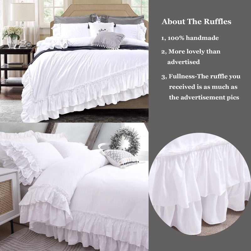 QSH Ruffle White Duvet Cover King Size-Washed Cotton Shabby Farmhouse Chic Ruffled Bedding 3pcs(1 Soft Linen Feel Cotton Duvet Cover +2 Ruffle Pillowshams) Aesthetic French Country King Bedding - Image 3