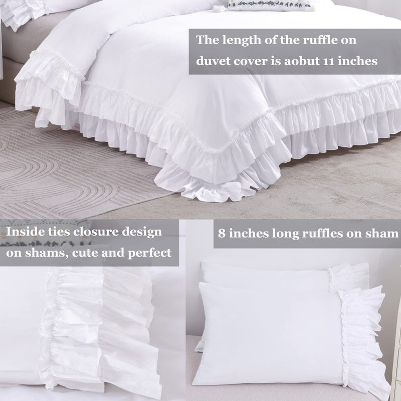 QSH Ruffle White Duvet Cover King Size-Washed Cotton Shabby Farmhouse Chic Ruffled Bedding 3pcs(1 Soft Linen Feel Cotton Duvet Cover +2 Ruffle Pillowshams) Aesthetic French Country King Bedding - Image 4