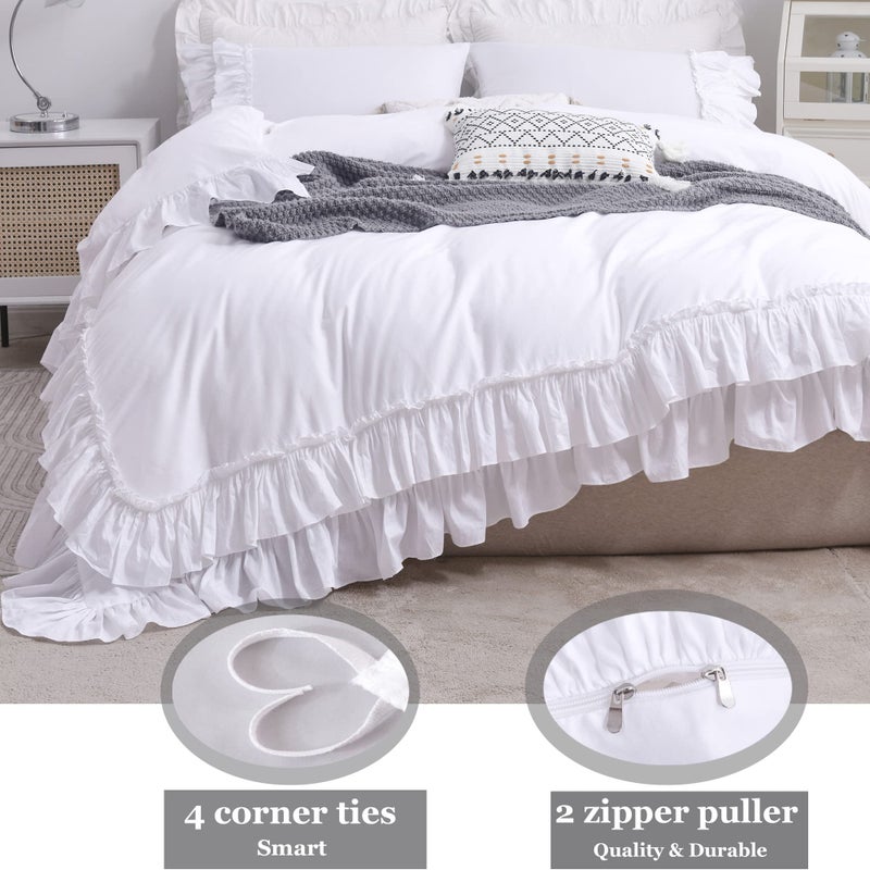QSH Ruffle White Duvet Cover King Size-Washed Cotton Shabby Farmhouse Chic Ruffled Bedding 3pcs(1 Soft Linen Feel Cotton Duvet Cover +2 Ruffle Pillowshams) Aesthetic French Country King Bedding - Image 5
