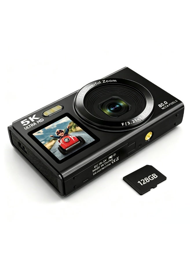 ZONBON Digital camera, 5K portable digital camera, equipped with 128GB SD card,suitable for photography and video shooting, Vlog camera with 3-inch flip screen, 18x digital zoom camera, suitable for children boys and girls  black. - Image 1