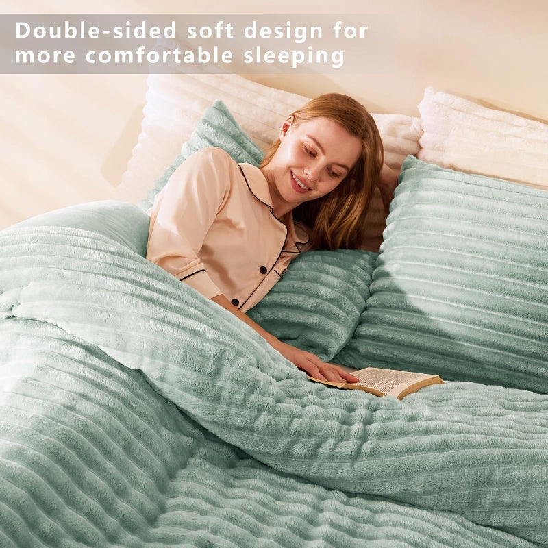 CozyLux Fluffy Queen Comforter Set - Super Soft Faux Fur Sage Green Comforter Queen Size, Winter Warm Fleece Bedding Set, 3 Pieces Plush Fuzzy Bed Set (1 Shaggy Comforter, 2 Pillowcases) - Image 4