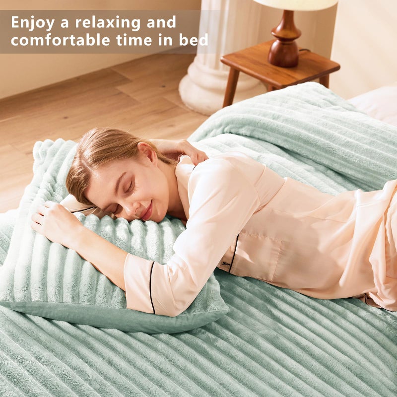 CozyLux Fluffy Queen Comforter Set - Super Soft Faux Fur Sage Green Comforter Queen Size, Winter Warm Fleece Bedding Set, 3 Pieces Plush Fuzzy Bed Set (1 Shaggy Comforter, 2 Pillowcases) - Image 5