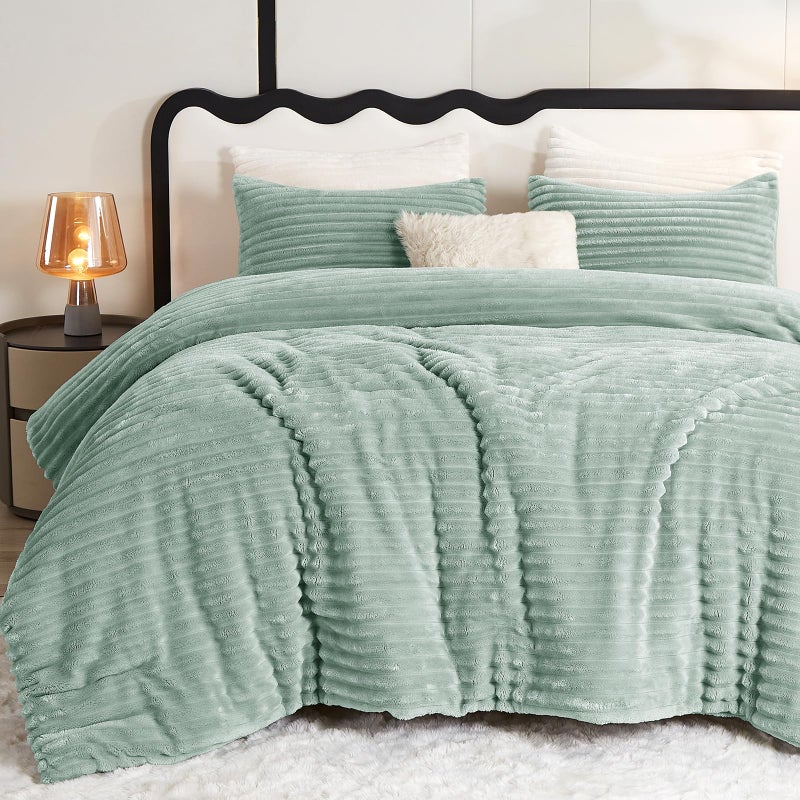 CozyLux Fluffy Queen Comforter Set - Super Soft Faux Fur Sage Green Comforter Queen Size, Winter Warm Fleece Bedding Set, 3 Pieces Plush Fuzzy Bed Set (1 Shaggy Comforter, 2 Pillowcases) - Image 1