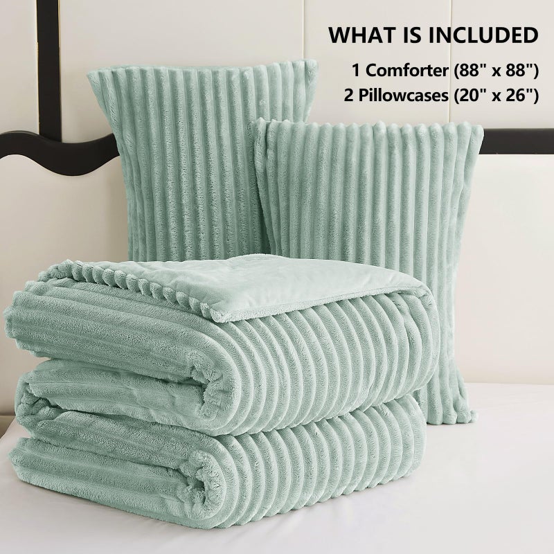 CozyLux Fluffy Queen Comforter Set - Super Soft Faux Fur Sage Green Comforter Queen Size, Winter Warm Fleece Bedding Set, 3 Pieces Plush Fuzzy Bed Set (1 Shaggy Comforter, 2 Pillowcases) - Image 3