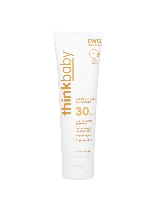 think! think, Thinkbaby, Clear Zinc 20% Sunscreen, SPF 30, Fragrance-Free, 3 fl oz (89 ml) - Image 1