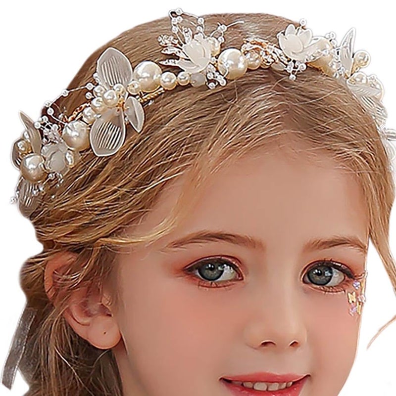 Campsis Flower Girl Headpiece for Wedding Pearl Communion Headband Bridal Hair Accessories for Girls