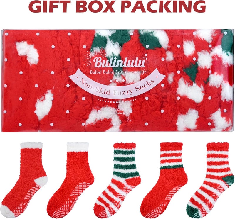 Bulinlulu Fuzzy Socks with Grips for Women 5-Pairs Non Slip Sleep Warm Fluffy Slipper Socks with Grippers for Women - Image 2