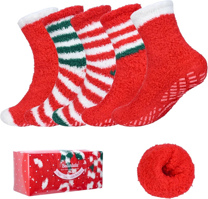 Bulinlulu Fuzzy Socks with Grips for Women 5-Pairs Non Slip Sleep Warm Fluffy Slipper Socks with Grippers for Women - Image 1