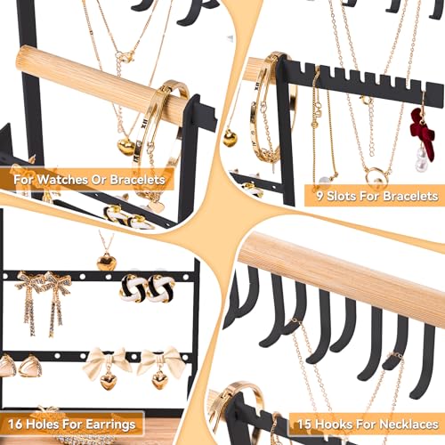 DreamGenius Jewelry Organizer Stand with Velvet Ring Holder, 4 Tier Jewelry Holder Organizer with 15 Hooks for Necklaces and 16 Holes for Earrings, Black - Image 5