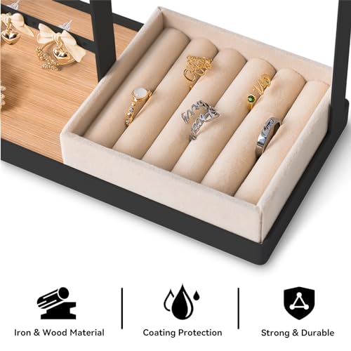 DreamGenius Jewelry Organizer Stand with Velvet Ring Holder, 4 Tier Jewelry Holder Organizer with 15 Hooks for Necklaces and 16 Holes for Earrings, Black - Image 4