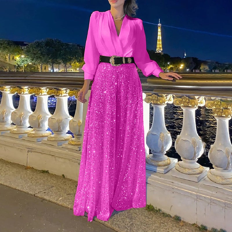 Elegant V-neck Dress with Sequin Wide Leg Pants Pink belt - Image 5