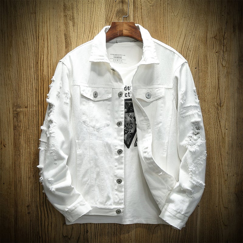 Mens Denim coat spring and autumn Korean style fashionable all-matching workwear loose jacket autumn ins fashion brand autumn clothing White White