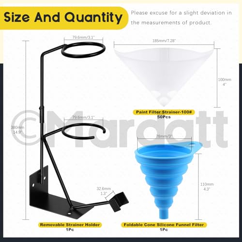 Mardatt 52Pcs Gravity Feed Gun Holder Stand, Cone Paint Strainers & Silicone Funnel Kit, Spray Gun Holder, Paint Filter Strainer and Cone Shaped Nylon Mesh Funnel Set for Car Paint Furniture Wood - Image 2