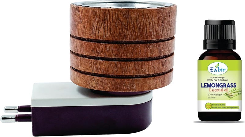 Eabir Wooden Electric Aroma Burner - Essential Oil and Aroma Burner-Camphor Aroma Diffuser - Kapur dani | Lemon Grass15 Ml Oil(Cylindrical) - Image 1