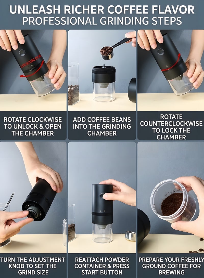 بيوينتي طاحونة قهوة كهربائية,طاحونة قهوة كهربائية محمولة مع إعداد طاحونة قابلة للتعديل المدمجة,مع كابل الشحن والفرشاة من النوع C (أسود) - Image 2