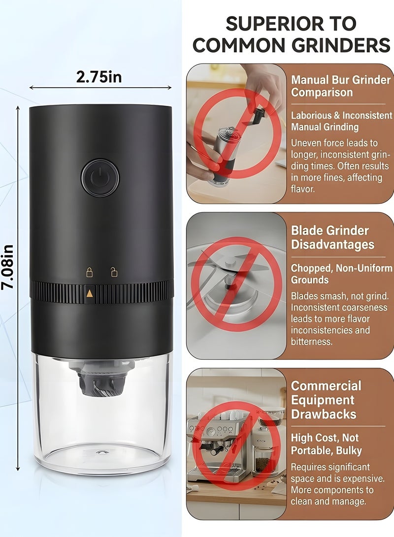 بيوينتي طاحونة قهوة كهربائية,طاحونة قهوة كهربائية محمولة مع إعداد طاحونة قابلة للتعديل المدمجة,مع كابل الشحن والفرشاة من النوع C (أسود) - Image 4