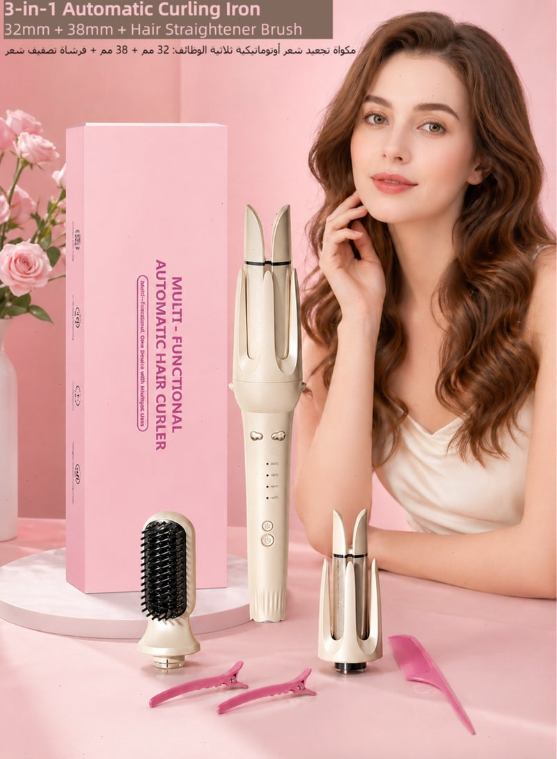 Professional 3-in-1 Automatic Hair Curler Set with 32mm & 38mm Interchangeable Barrels & Straightener Brush, Ceramic Auto-Rotating Curling Iron with 4 Temp Control & Anti-Scald Design - Includes Clips & Comb - Image 1