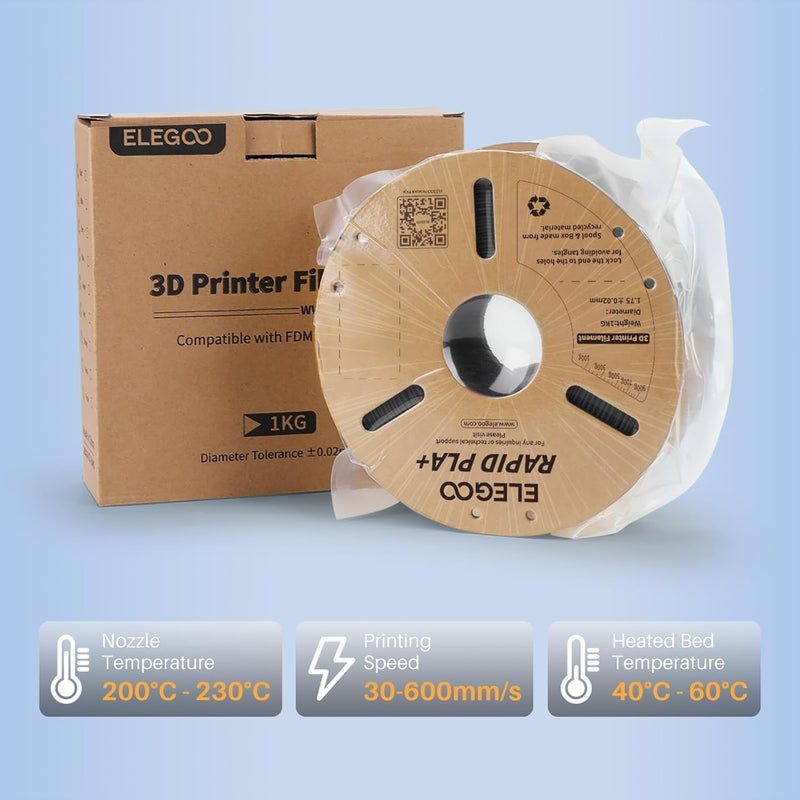 Protomont TECHNOLOGIES خيوط ELEGOO PLA+ 1.75 مم 1 كجم، خيوط طابعة ثلاثية الأبعاد PLA Plus، دقة أبعاد +/- 0.02 مم، قوية وعالية القوة، مناسبة لمعظم طابعات FDM (1 كجم/بكرة، 2.2 رطل) (Rapid PLA+ رمادي) - Image 3
