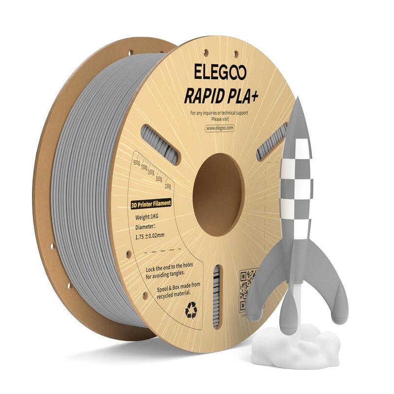 Protomont TECHNOLOGIES خيوط ELEGOO PLA+ 1.75 مم 1 كجم، خيوط طابعة ثلاثية الأبعاد PLA Plus، دقة أبعاد +/- 0.02 مم، قوية وعالية القوة، مناسبة لمعظم طابعات FDM (1 كجم/بكرة، 2.2 رطل) (Rapid PLA+ رمادي) - Image 1