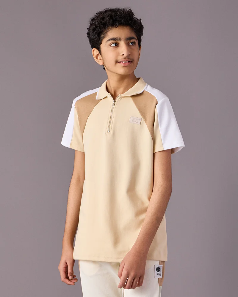 Redtag Senior Boys Beige Pique Cut And Sew T-Shirt