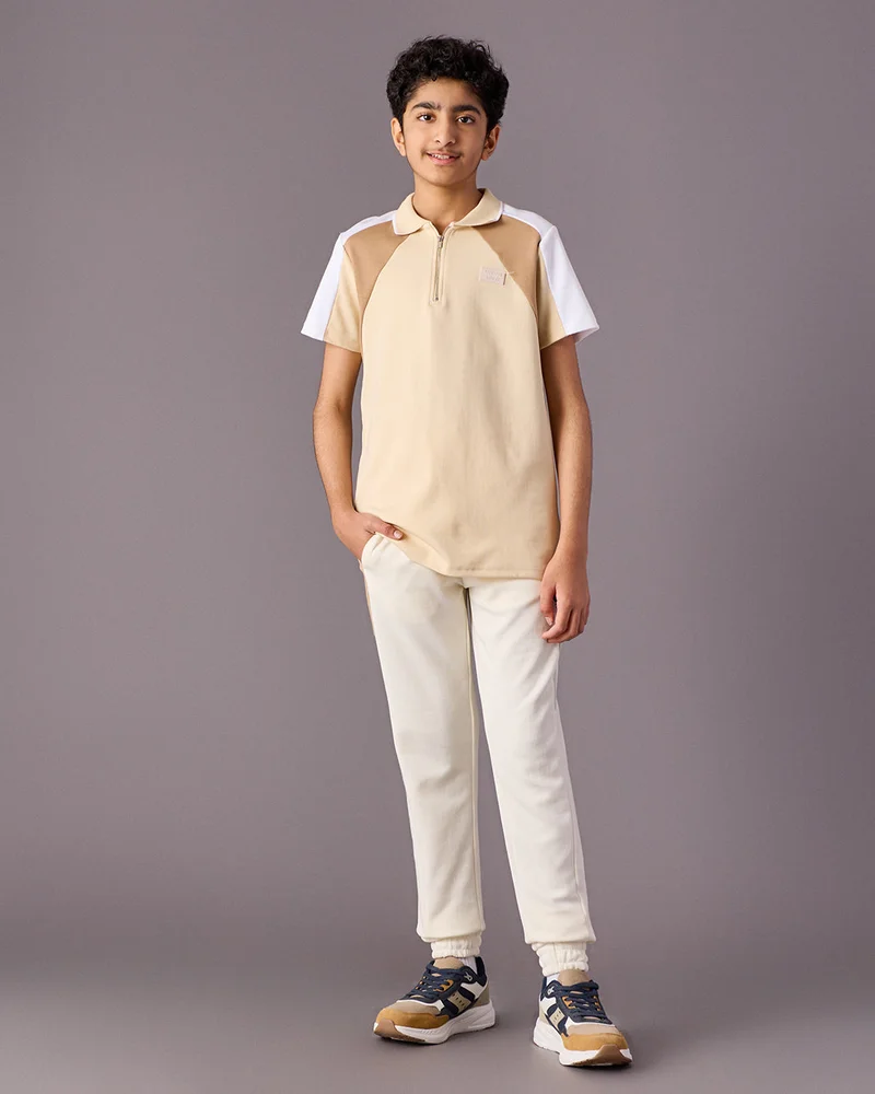 Redtag Senior Boys Beige Pique Cut And Sew T-Shirt