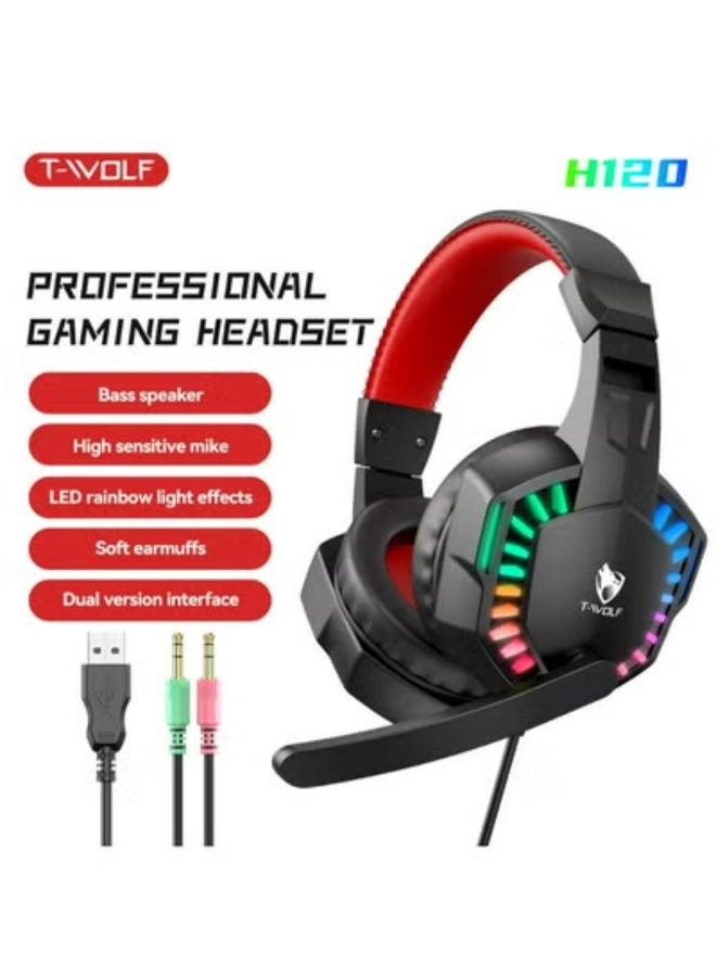 T-WOLF H120 Gaming Earphones Suitable for PC PS4/PS5/Xbox One/Xbox Series Surround Sound Headphones with Microphone LED Light Bass Surround Soft Memory Earrings Suitable for Computers, Laptops, Switch Games, Children, Boys, Teenagers Gifts - Image 1