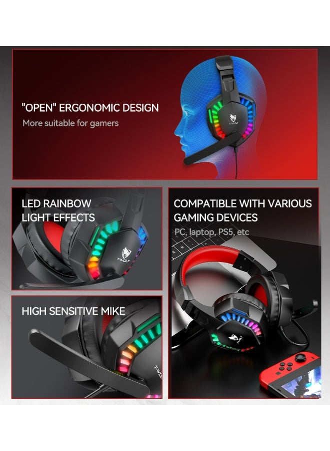 T-WOLF H120 Gaming Earphones Suitable for PC PS4/PS5/Xbox One/Xbox Series Surround Sound Headphones with Microphone LED Light Bass Surround Soft Memory Earrings Suitable for Computers, Laptops, Switch Games, Children, Boys, Teenagers Gifts - Image 4