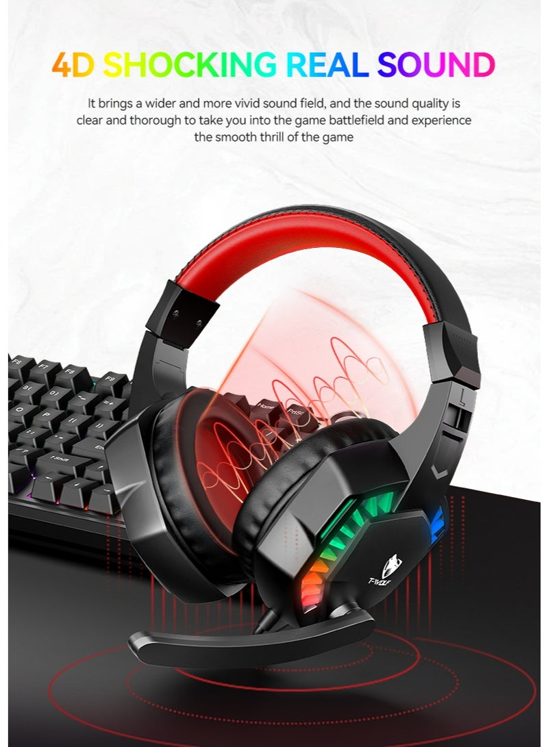 T-WOLF H120 Gaming Earphones Suitable for PC PS4/PS5/Xbox One/Xbox Series Surround Sound Headphones with Microphone LED Light Bass Surround Soft Memory Earrings Suitable for Computers, Laptops, Switch Games, Children, Boys, Teenagers Gifts - Image 5