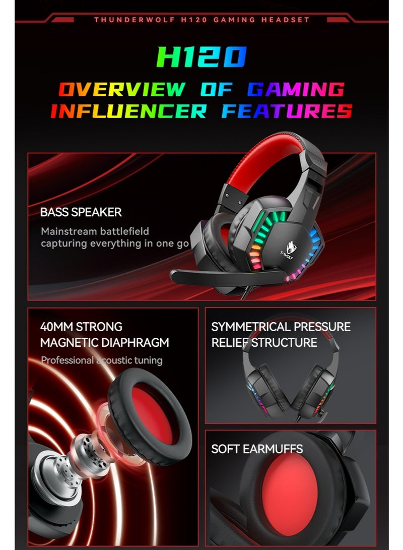 T-WOLF H120 Gaming Earphones Suitable for PC PS4/PS5/Xbox One/Xbox Series Surround Sound Headphones with Microphone LED Light Bass Surround Soft Memory Earrings Suitable for Computers, Laptops, Switch Games, Children, Boys, Teenagers Gifts - Image 3