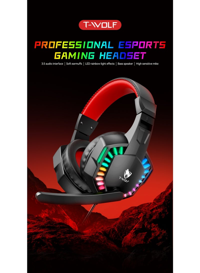 T-WOLF H120 Gaming Earphones Suitable for PC PS4/PS5/Xbox One/Xbox Series Surround Sound Headphones with Microphone LED Light Bass Surround Soft Memory Earrings Suitable for Computers, Laptops, Switch Games, Children, Boys, Teenagers Gifts - Image 2