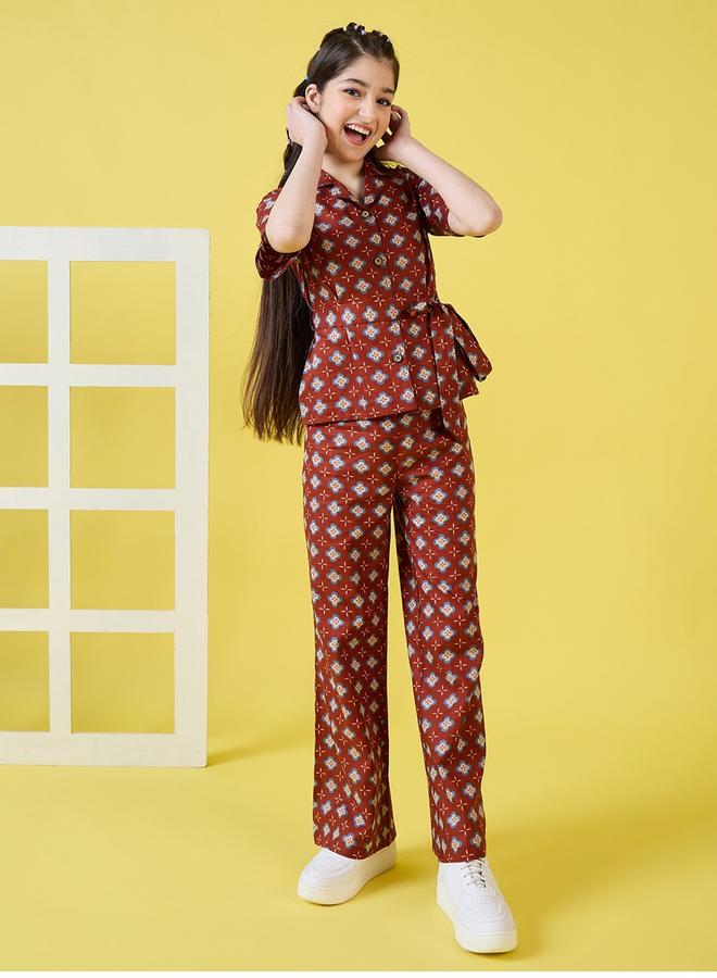 Stylo Bug Floral Print Tie Belt Shirt & Pants Set by Styli  - Image 1