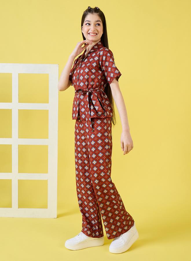 Stylo Bug Floral Print Tie Belt Shirt & Pants Set by Styli  - Image 3