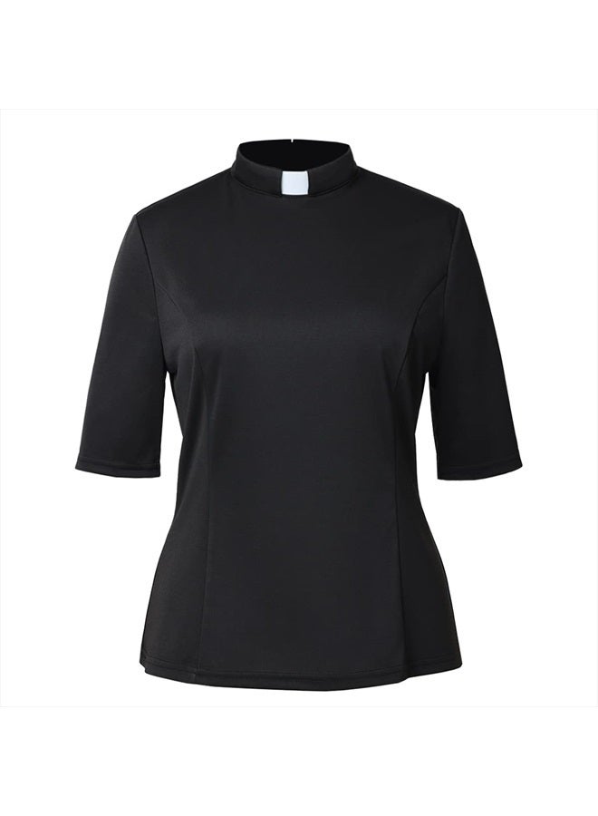 CAMDOM Womens Church Clergy Shirt with Tab Collar Spring/Summer Half Sleeve Slim Blouse Top Black  - Image 1