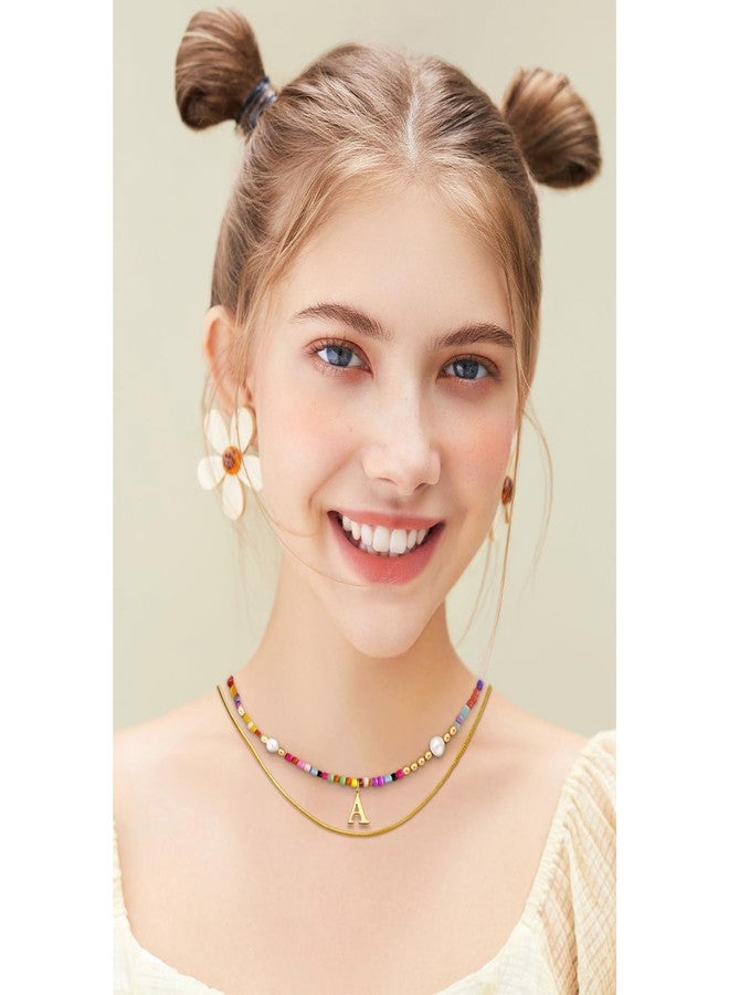 Kysppreu Colorful Beaded Initial Necklace Letter A-Z Pendant Necklace for Her Colorful Rainbow Choker Necklaces 18K Gold Plated Boho Summer Beach Freshwater Pearl beaded Necklaces for Christmas Birthday Mothers Day Gift - Image 2