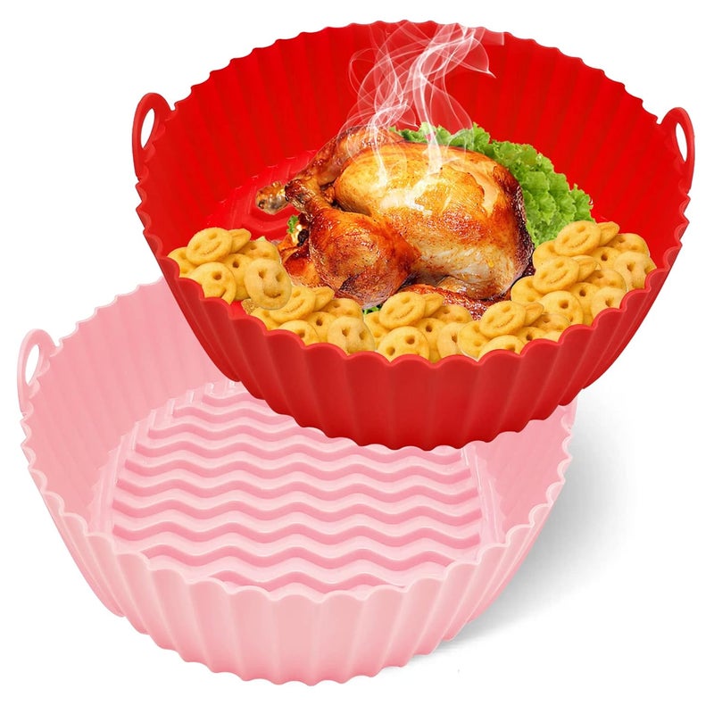 oecue 2 Pack Air Fryer Silicone Baking Tray 75inch for 3 to 5 Qt Reusable Air Fryer Round Silicone Insert for Air Fryer Easy Cleaning Silicone Pot for Oven Accessories Red Pink
