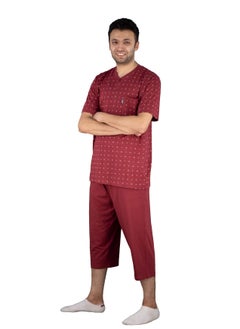 Men Summer Pajama Set Printed Top Round Neck & Pant Ankle-Burgundy