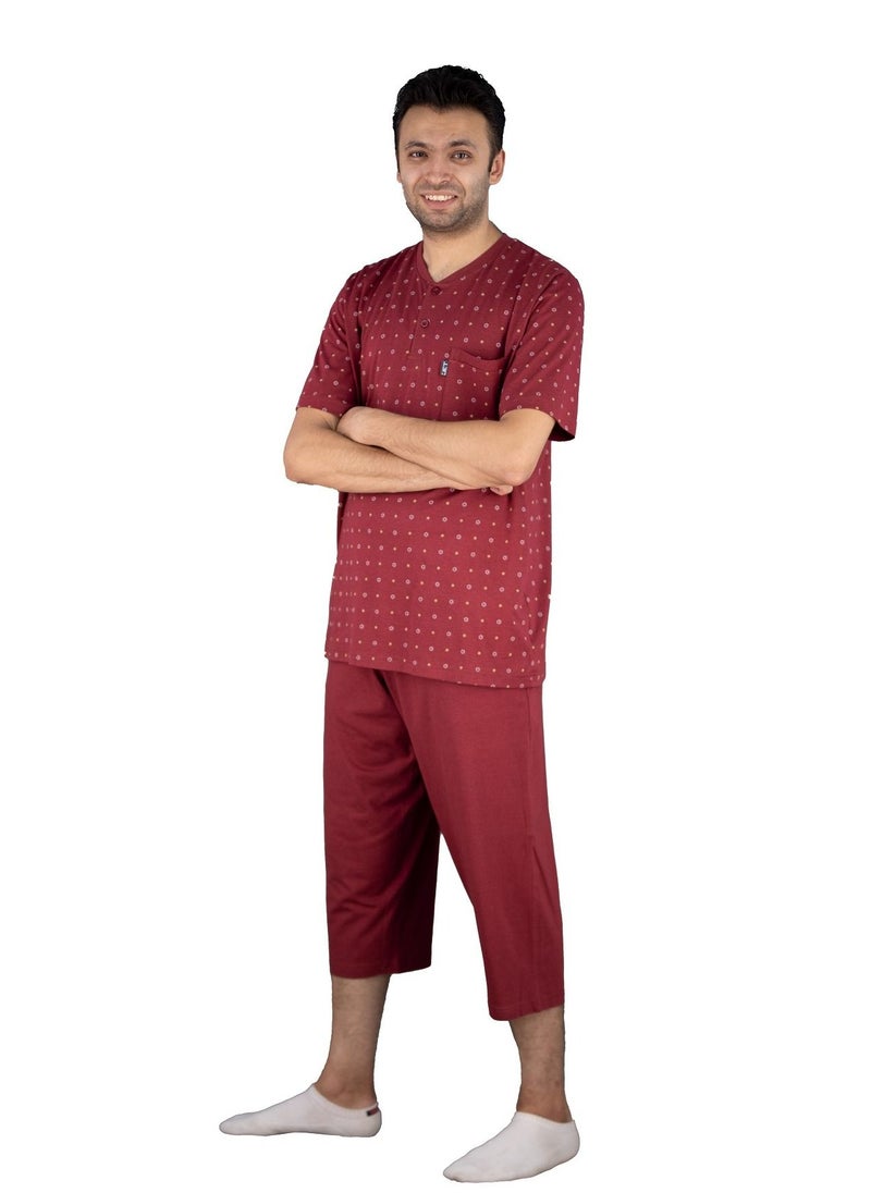 Jet - Men Summer Pajama Set Printed Top Round Neck & Pant Ankle-Burgundy - Image 1