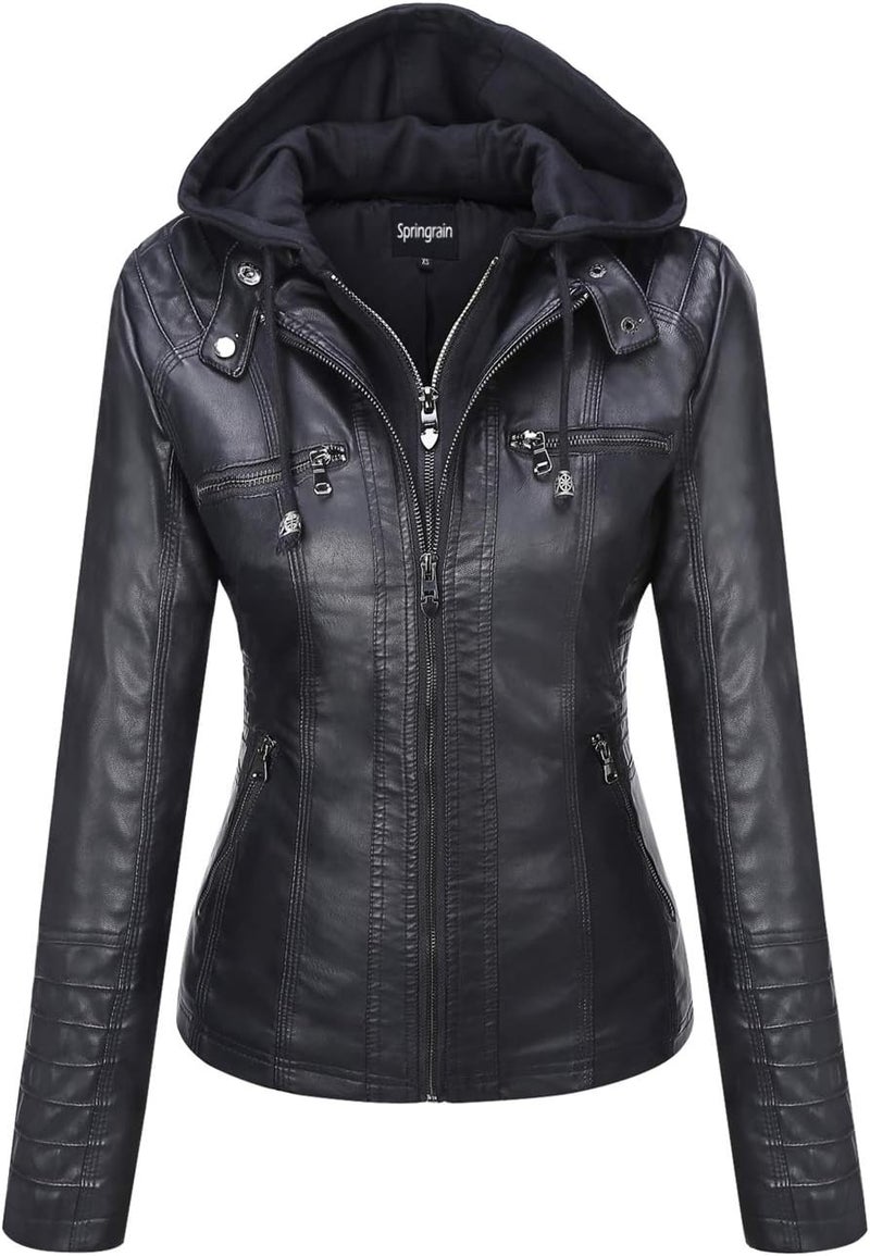 Springrain Women's Faux Leather Moto Jacket with Detachable Hood - Black, Small - Image 1