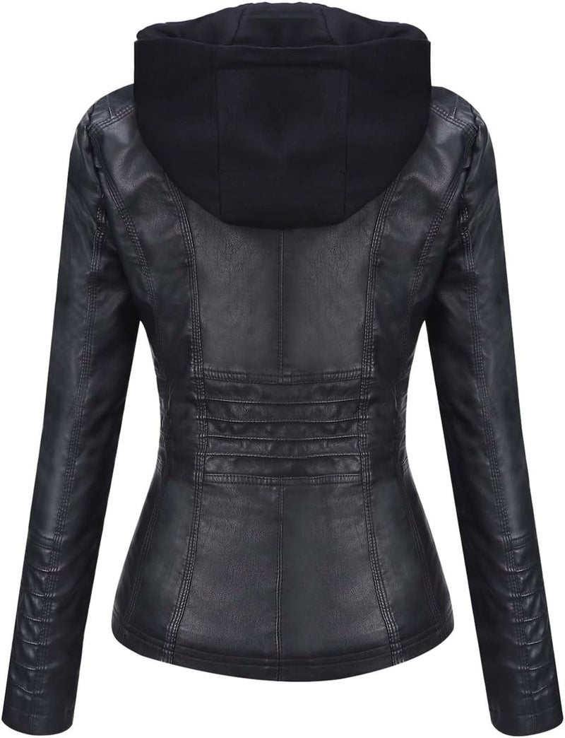 Springrain Women's Faux Leather Moto Jacket with Detachable Hood - Black, Small - Image 3