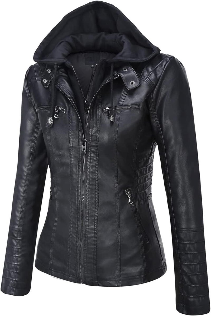Springrain Women's Faux Leather Moto Jacket with Detachable Hood - Black, Small - Image 2
