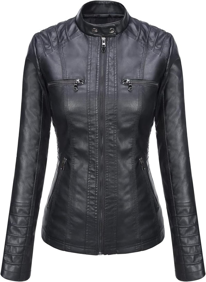 Springrain Women's Faux Leather Moto Jacket with Detachable Hood - Black, Small - Image 4